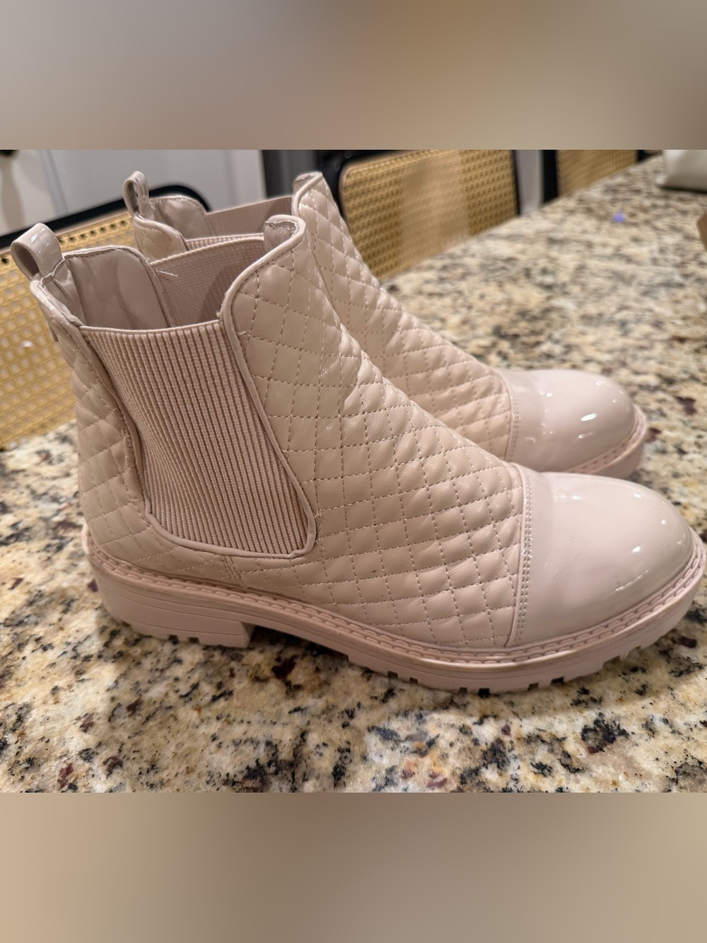River Island Quilted Patent Chelsea Bootie in Nude Beige